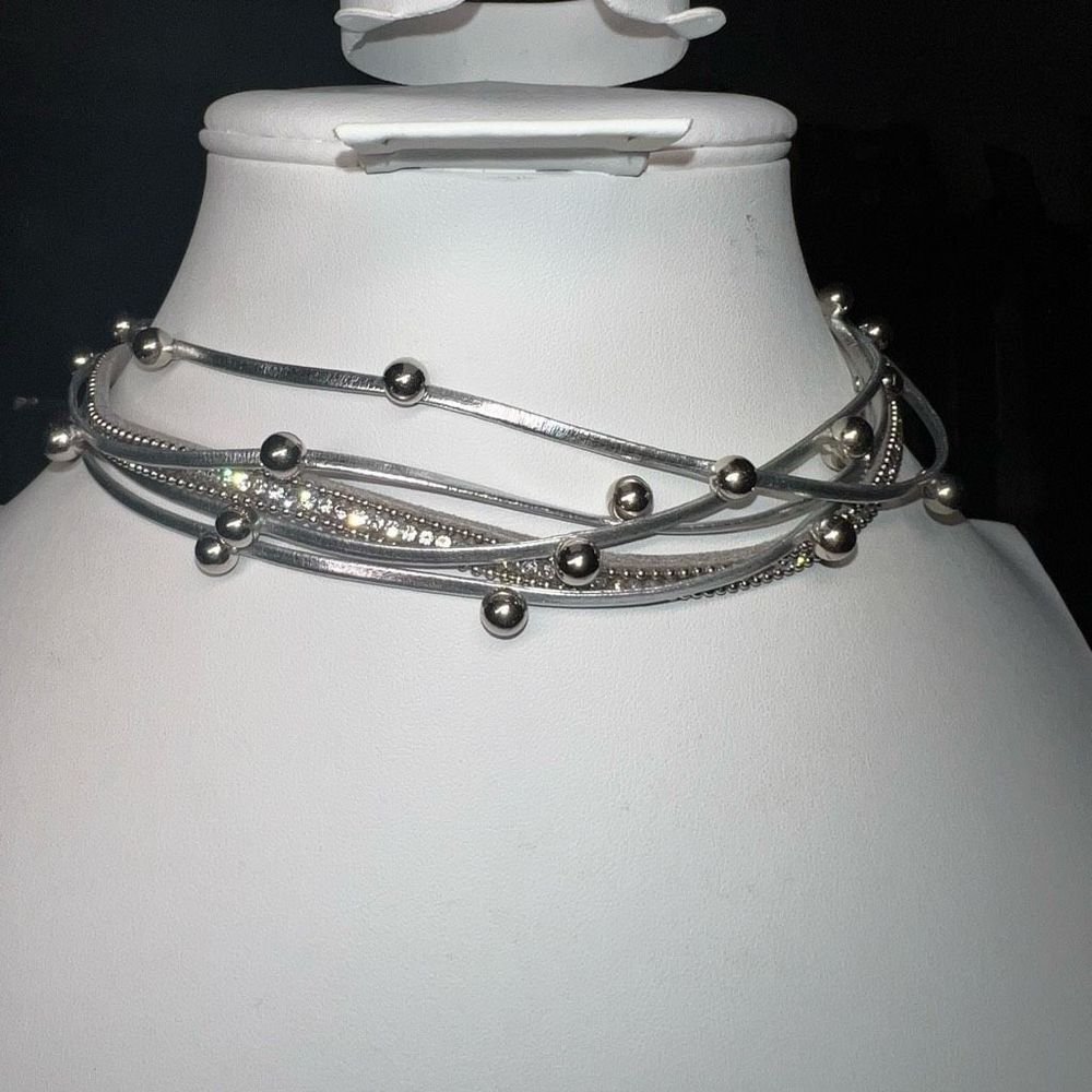Multistrand Faux Leather Grey Cord Necklace Silver‎ Tone Layered Rhinestone